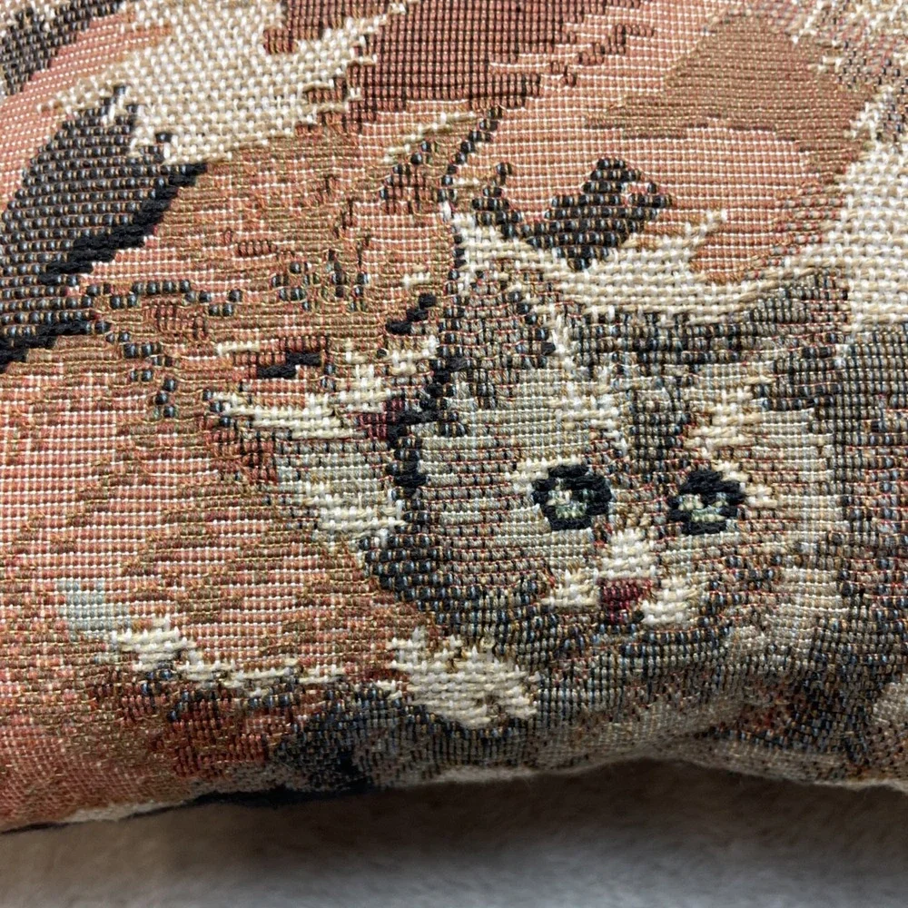 Vintage Mama Cat Kittens Tapestry Throw Pillow 13x8 Neutral Tones Tabby Bolster